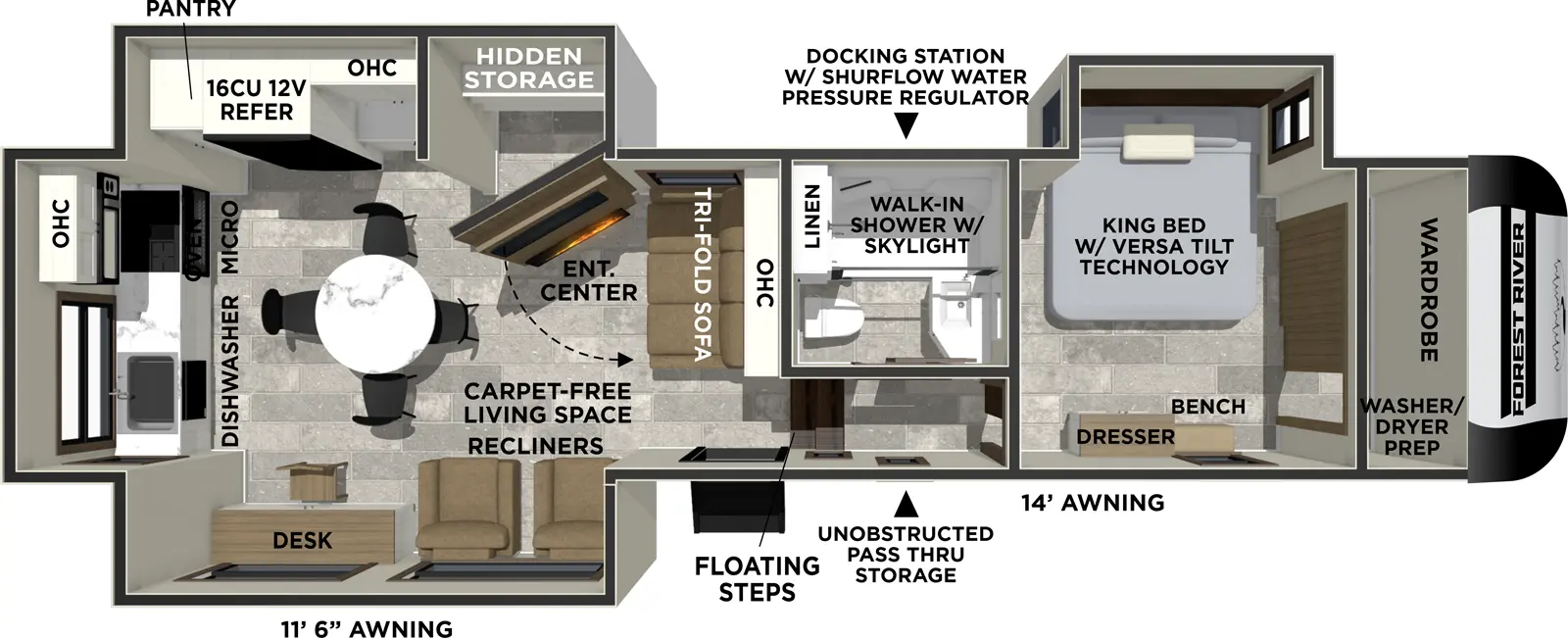 The Impression 301ML floorplan has one entry and three slide outs. Exterior features include: fiberglass exterior and 11'6" & 14' awning. Interiors features include: rear kitchen and front bedroom.